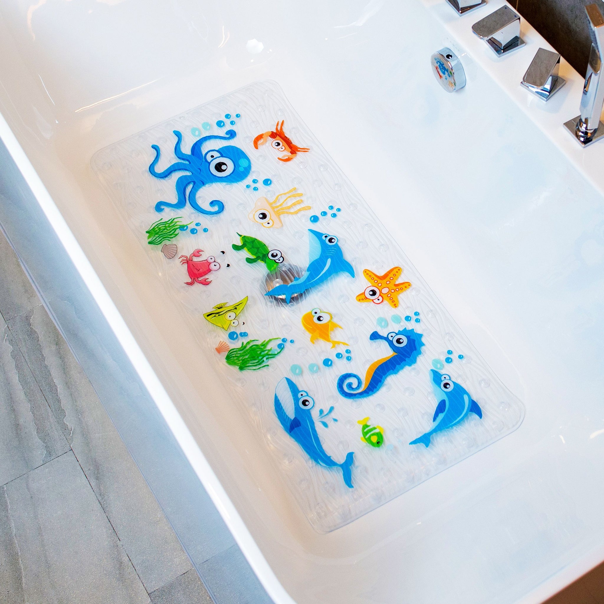 Kids Blue and Green Bath Mat With Happy Blue Elephants – Fun Bathroom Decor  – Ozscape Designs: Bathroom Decor & Bedroom Decor for Kids & You